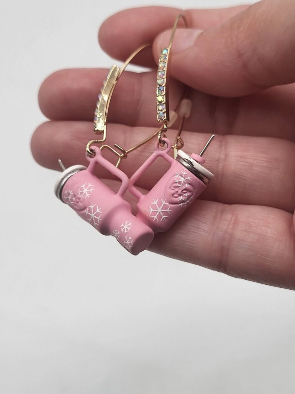 Betsey Johnson Pink Tumbler Cup Dangle Earrings with Rhinestones - Picture 3 of 5